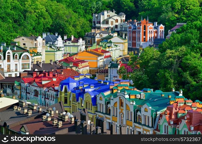 Kiev city. Old town, Vozdvizhenska and Honcharna street. Capital of Ukraine - Kyiv.