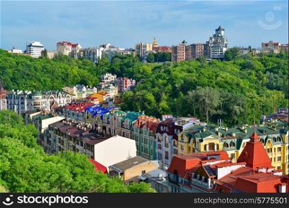 Kiev city. Old town, Vozdvizhenska and Honcharna street. Capital of Ukraine - Kyiv.
