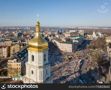 Kiev City skyline aerial view at drone. Top view on Sophia Square and St. Sophia tower in Kiev city, Ukraine.. view landscape in Kiev with St. Sophia bell tower and people sightseeing at Sofiiska square