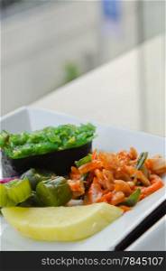 kimchi and pickled vegetable , Chuka seaweed sush asian cuisine