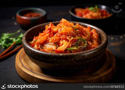 Kimchi cabbage in a bowl for eating on wooden background, Korean food