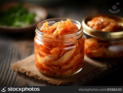 Kimchi spicy food in glass jar on wooden table.AI Generative