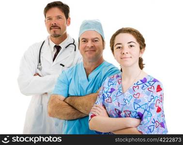 Kind, confident medical team isolated on white background.