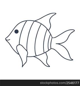 Kind cute striped fish doodle style. Isolated sea or river fish black outline on white background. Underwater ocean dweller coloring page. Baby character vector illustration. Kind cute striped fish doodle style