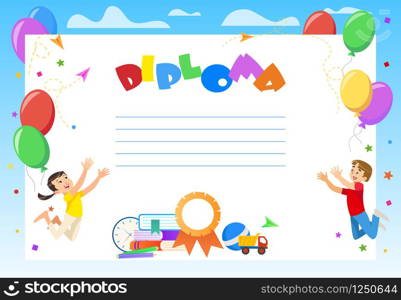 Kindergarten, Elementary or Preschool Diploma Certificate. Happy Cartoon Kids Jumping with Hands Up. Books, Toys, Watch. Balloons and Clouds Frame. Seal Stamp. Vibrant Vector illustration, Copy Space. Kindergarten, Elementary or Preschool Diploma