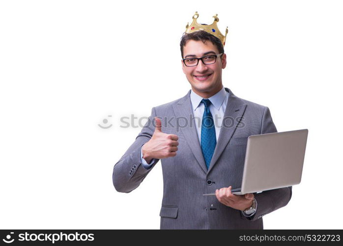 king businessman holding a laptop isolated on white background