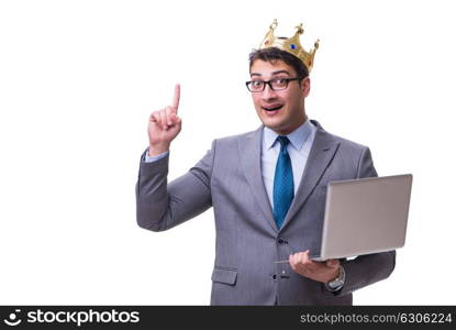 king businessman holding a laptop isolated on white background