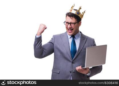 king businessman holding a laptop isolated on white background