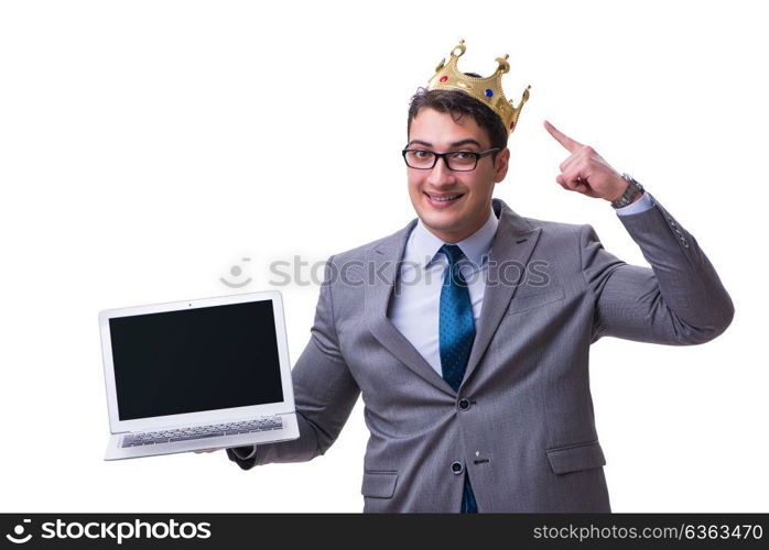 king businessman holding a laptop isolated on white background