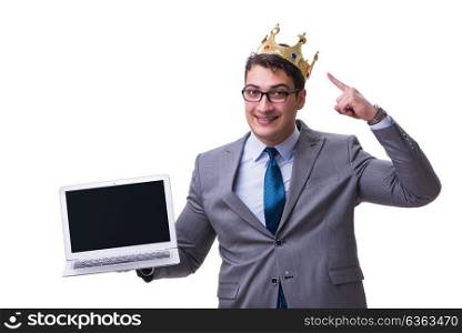 king businessman holding a laptop isolated on white background