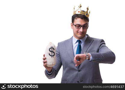 King businessman holding money bag isolated on white background