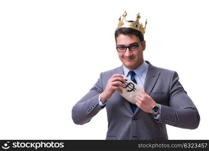 King businessman holding money bag isolated on white background