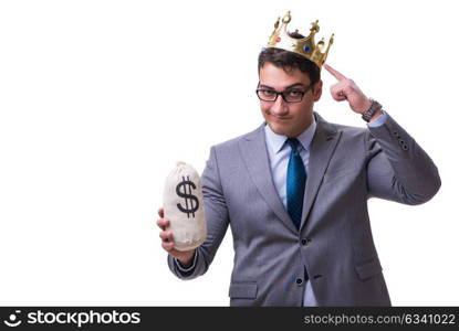 King businessman holding money bag isolated on white background