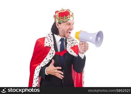 King businessman with loudspeaker isolated on white