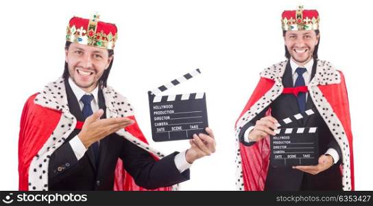 King businessman with movie board isolated on white
