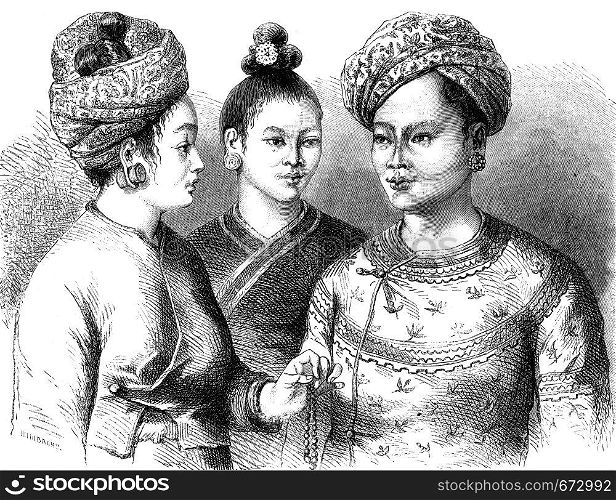 King Muong You and his two wives, vintage engraved illustration. Le Tour du Monde, Travel Journal, (1872).