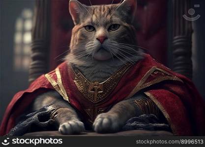 King of a cat in royal robe and crown on throne. AI generative illustration.. King of a cat in royal robe and crown on throne. AI generative illustration