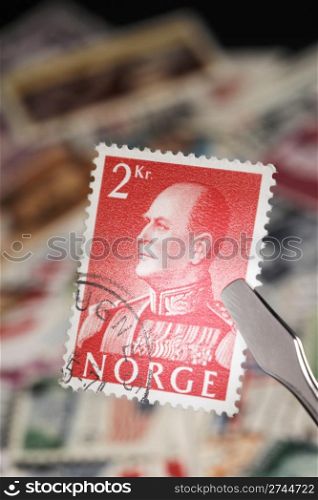 King Olav V of Norway on an old Norwegian stamp ca 1959.