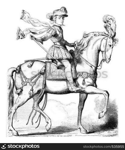 King on horseback, after an anonymous engraving of 1615, Collection of the History of France, vintage engraved illustration. Magasin Pittoresque 1857.