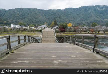 Kintai Bridge over Nishiki river in cloudy day, Iwakuni, Japan
