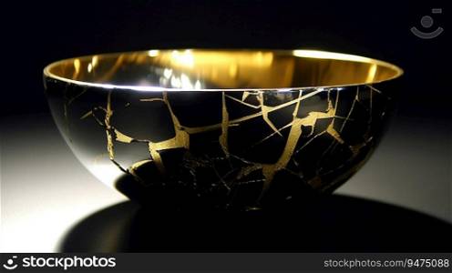 Kintsuki, Japanese pottery. Utensils glued with gold are not concept of constancy, imperfection of world. Close-up, dark background. AI generated.. Kintsuki, Japanese pottery. Utensils glued with gold are not concept of constancy, imperfection of world. AI generated.