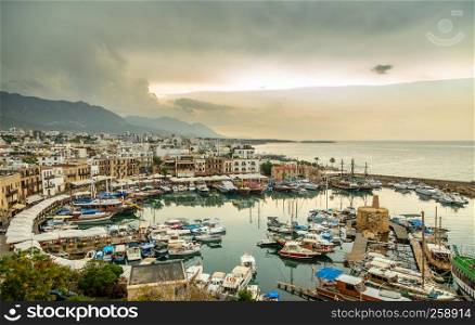 Kirenia historical city center, view to marina with yachts and boats, North Cyprus