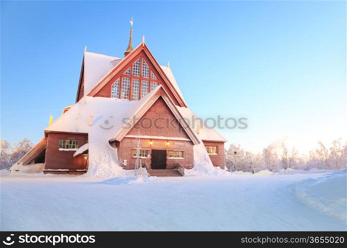Kiruna cathedral church Architecture Sweden at dusk twilight with star trail