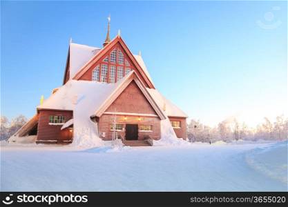 Kiruna cathedral church Architecture Sweden at dusk twilight with star trail
