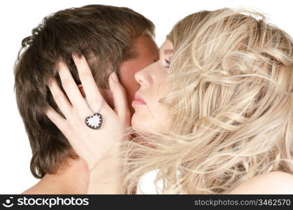 Kissing man and woman - lovers closeup portraits