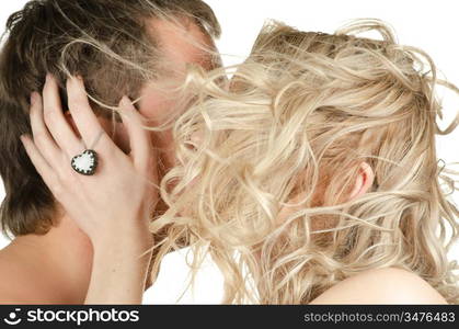 Kissing man and woman - lovers closeup portraits