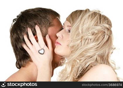 Kissing man and woman - lovers closeup portraits