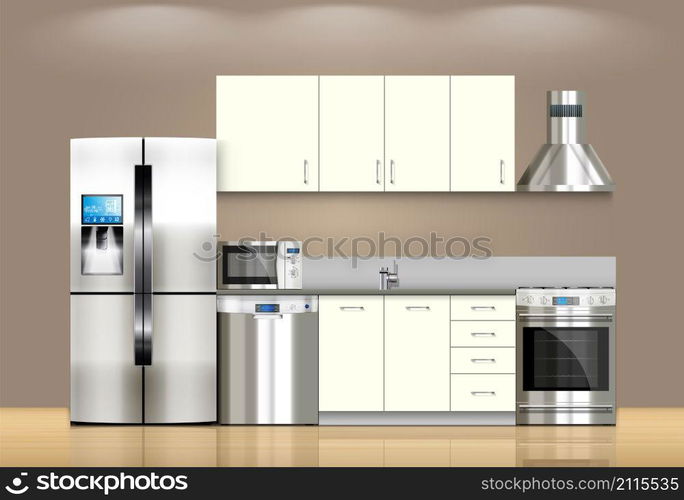 Kitchen and house appliances: microwave, refrigerator, gas stove, dishwasher, range cooker hood, stool, kitchen furniture