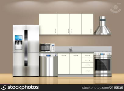 Kitchen and house appliances: microwave, refrigerator, gas stove, dishwasher, range cooker hood, stool, kitchen furniture