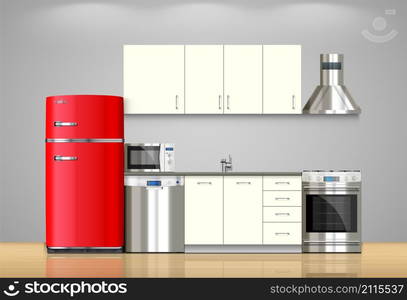 Kitchen and house appliances: microwave, refrigerator, gas stove, dishwasher, range cooker hood, stool, kitchen furniture