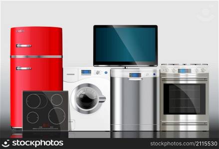Kitchen and house appliances: microwave, washing machine, refrigerator, gas stove, dishwasher, tv