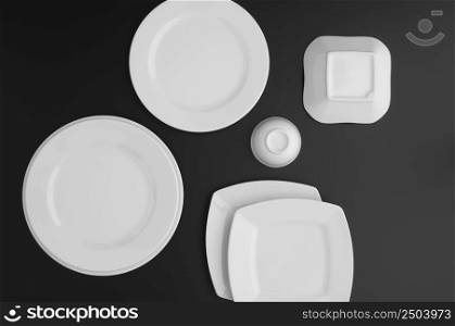 kitchen and restaurant utensils, plates, on a dark background. kitchen and restaurant utensils, dishes