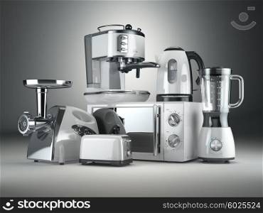 Kitchen appliances. Blender, toaster, coffee machine, meat ginder, microwave oven and kettle. 3d