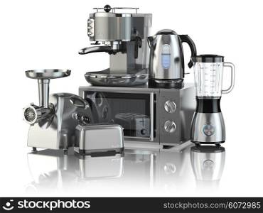 Kitchen appliances. Blender, toaster, coffee machine, meat ginder, microwave oven and kettle isolated on white. 3d