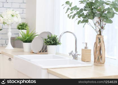 kitchen area with artificial flowers in flower pots, plates on a wooden stand, a large sink with a tap.