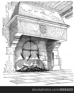 Kitchen chimney Abbey Blanche Mortain, vintage engraved illustration. Industrial encyclopedia E.-O. Lami - 1875.