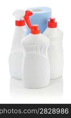 kitchen cleaners and paper towel isolated