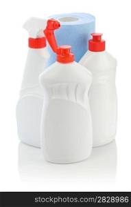 kitchen cleaners and paper towel isolated