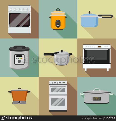 Kitchen cooker icon set. Flat set of kitchen cooker vector icons for web design. Kitchen cooker icon set, flat style