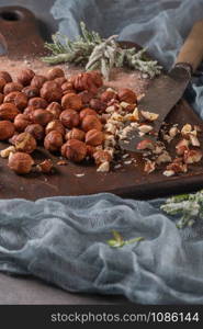 Kitchen cutting board with hazelnuts without shell, view from above.