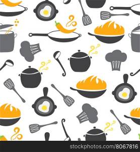 Kitchen elements seamless pattern. Wok, pan, pot, soup, fried egg, spoon scoop chilli pepper stewpot