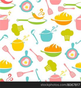 Kitchen elements seamless pattern. Wok, pan, pot, soup, fried egg, spoon scoop chilli pepper stewpot