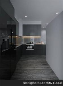 Kitchen in new luxury home with quartz kitchen interior, hardwood floors, dark wood cabinets