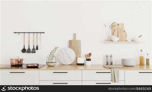 kitchen interior in farmhouse style, wooden countertop with kitchen utencils, stove, 3d rendering