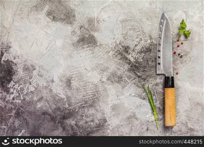 Kitchen knife and spices on grey stone background with space for text, top view. Cooking and asian food concept. Kitchen knife and spices, flat lay, top view
