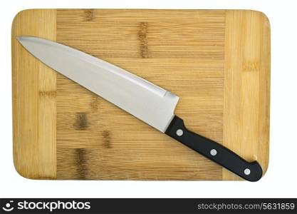 kitchen knife lying on a cutting board isolated on white background